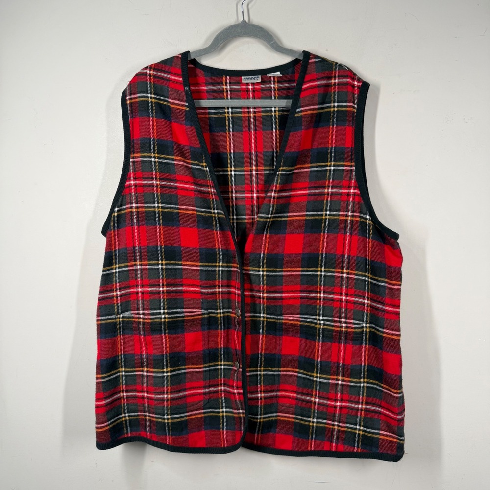 Vintage Picone Sport Woman Red Plaid Cotton Vest Size 2X Button Front Pockets